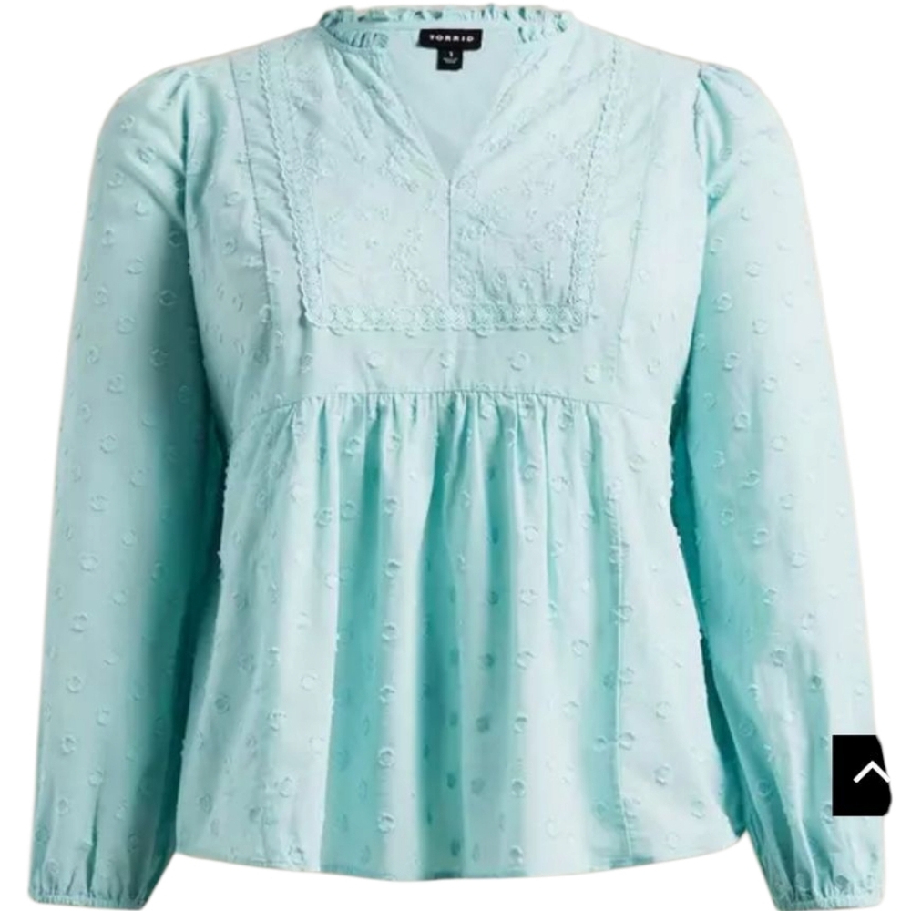 Torrid Clip Dot Mixed Eyelet Yoke Detail Top Mint Canal Blue Boho 100% Cotton 2X